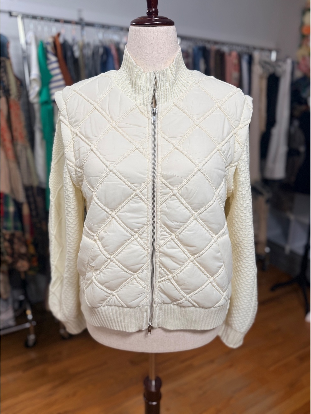 CURRENT AIR Cream Quilted Cable Knit Zip Jacket Mixed Media NWT Medium